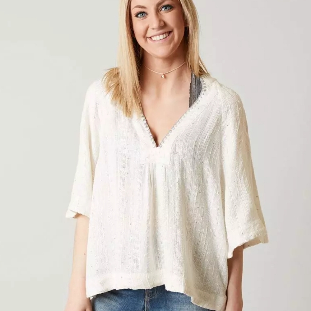 Free People Get It Over Sequin Top Silver Metallic Shimmer Boho Blouse Small